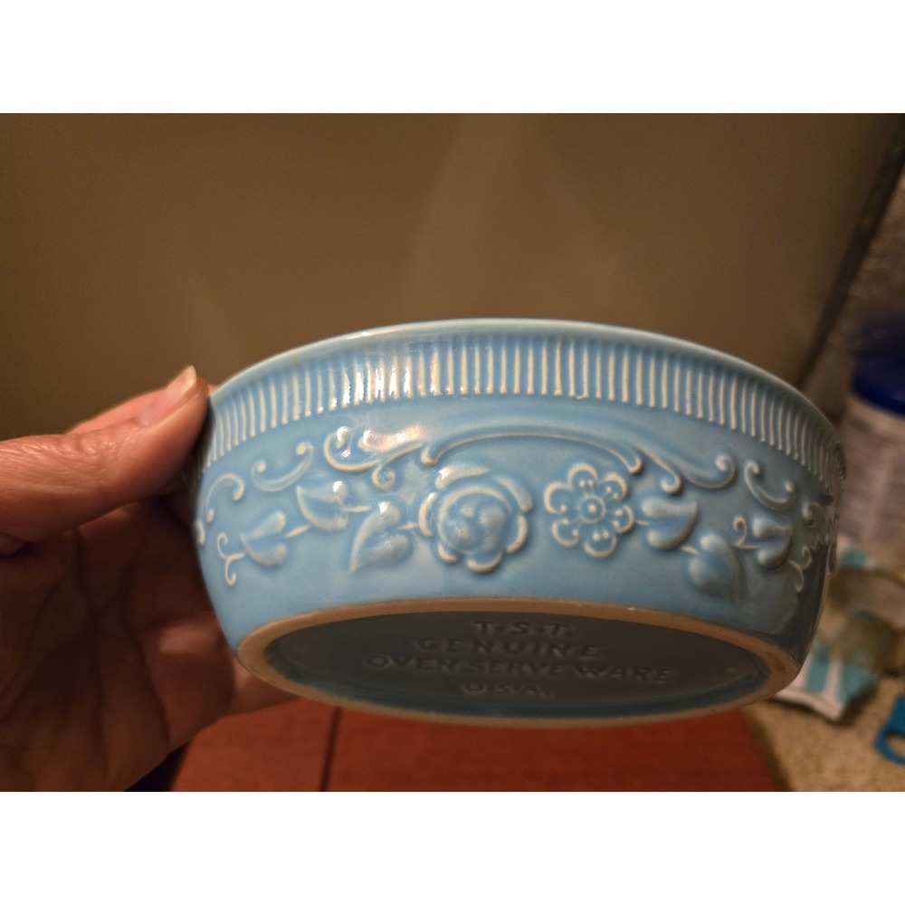 Taylor Smith Taylor TST Genuine Oven Serve Ware Blue Floral Oval Bowl USA - Picture 5 of 6